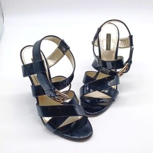 Dolce & Gabbana Black Patent Leather Strappy Sandals with Gold Buckle